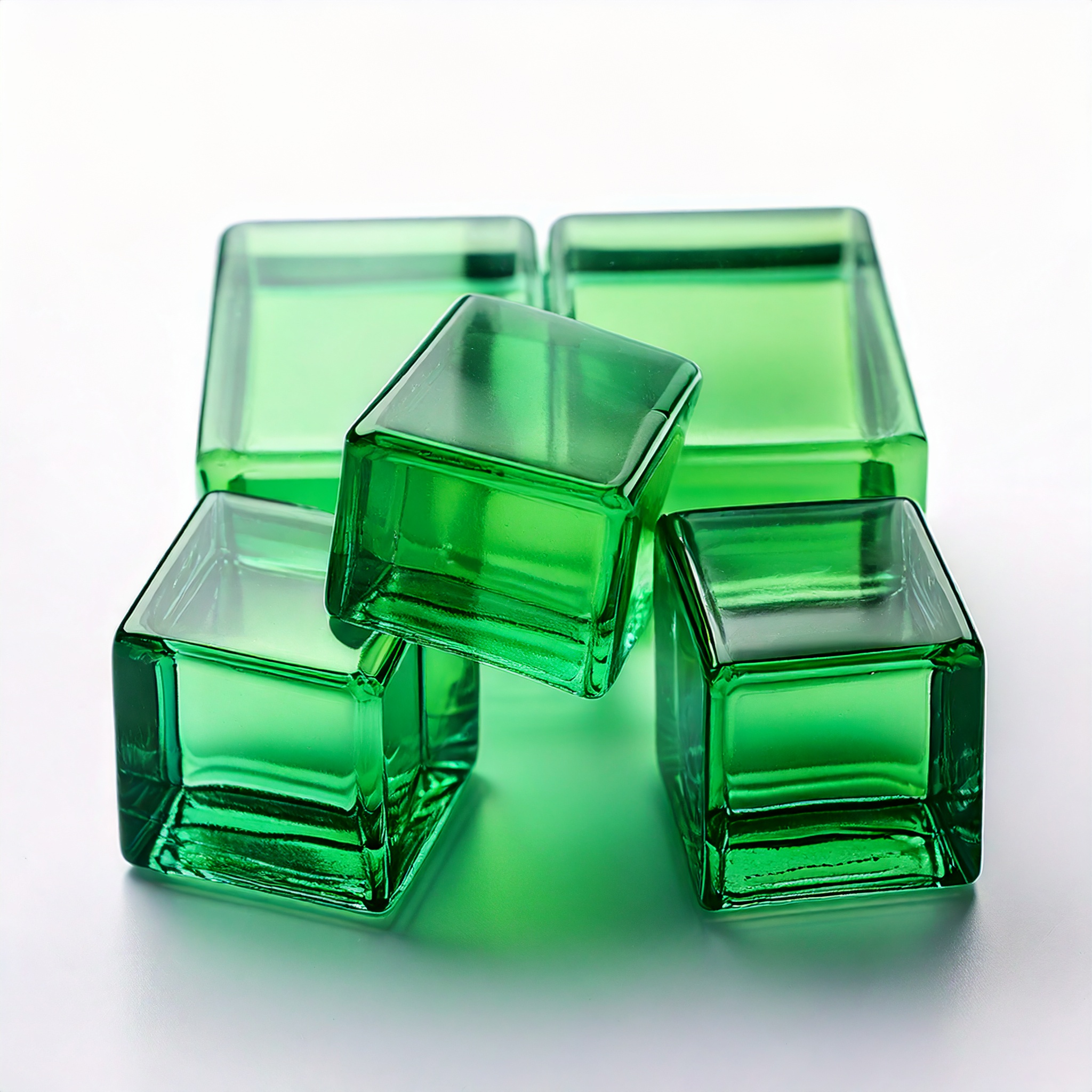 Firefly erstelle drei kleine grüne glaswürfel die aussehen wie aus glas mit weissem hintergrund 1106